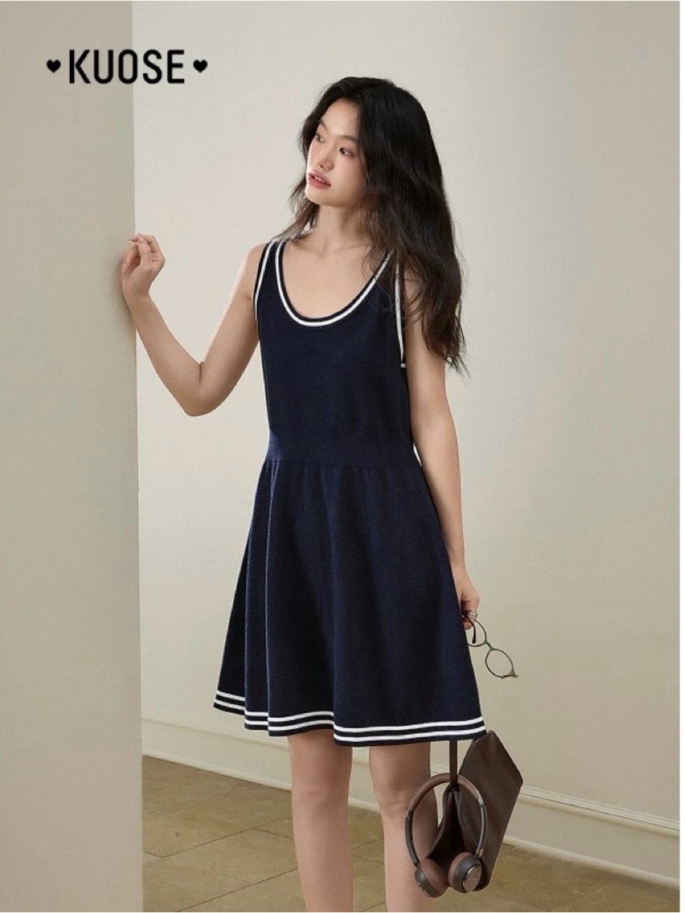 KUOSE Navy Knit Sleeveless Fit & Flare Mini Dress with White Trim, Size S, NWT